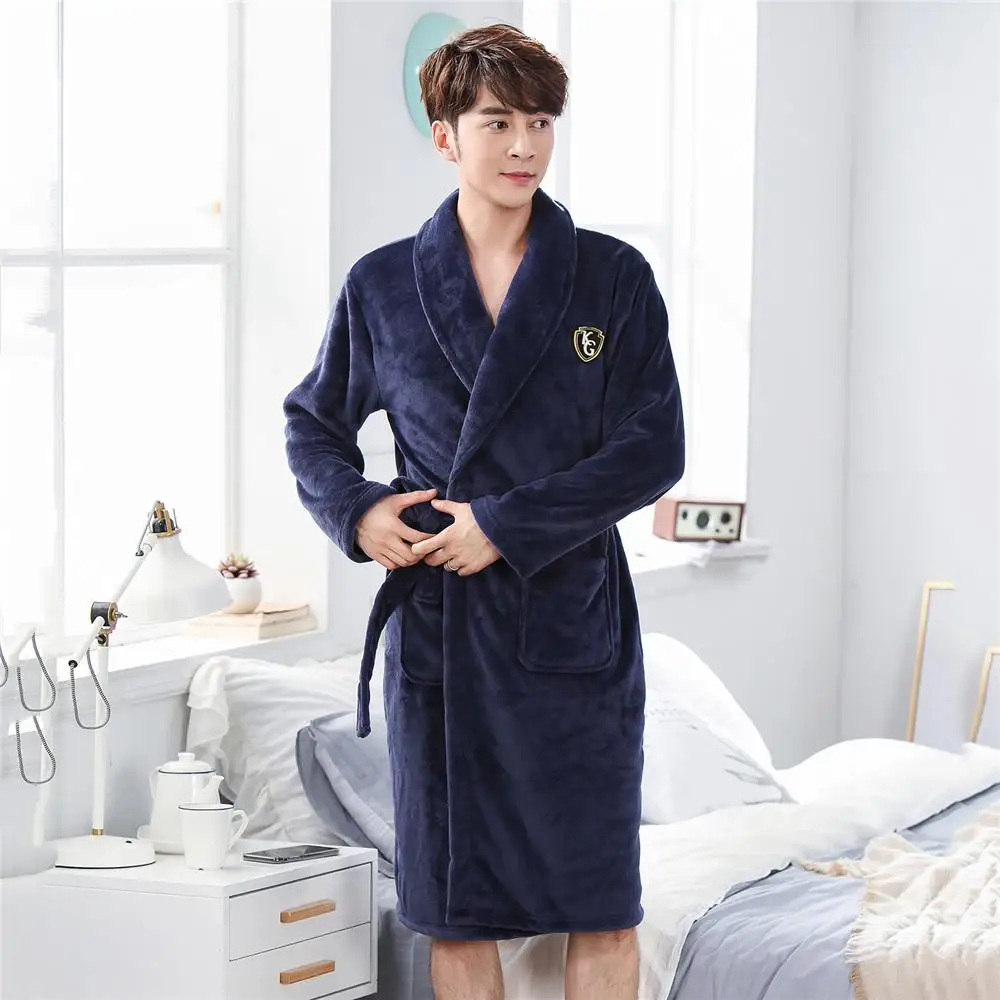 Кимоно купальный халат для мужчин и wo мужские однотонные домашние Халаты коралловый флис пижамы интимное нижнее белье Большие размеры 3XL - Цвет: Navy Blue 8