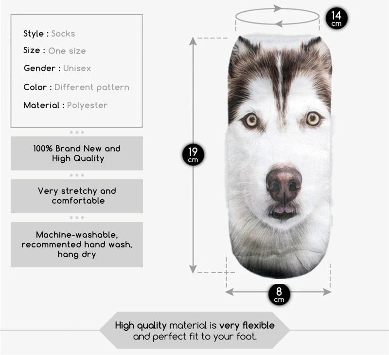 Смешная собака хаски Графический 3D полная печать для женщин милые короткие носки несколько цветов хлопок носки повседневные чулочно-носочные изделия