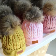 Модная теплая вязаная шапочка для малыша на осень и зиму, шерстяные шапки с натуральным мехом для детей, шапочки для новорожденных мальчиков и девочек, шапочки для фотосессии