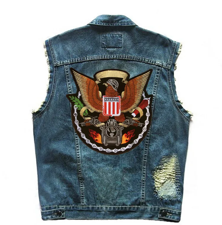 

Club Mens Motorcycle Denim Vest Eagle Patch Biker Vests Embroidery Blue Cowboy Distressed Ripped Sleeveless Moto Jackets