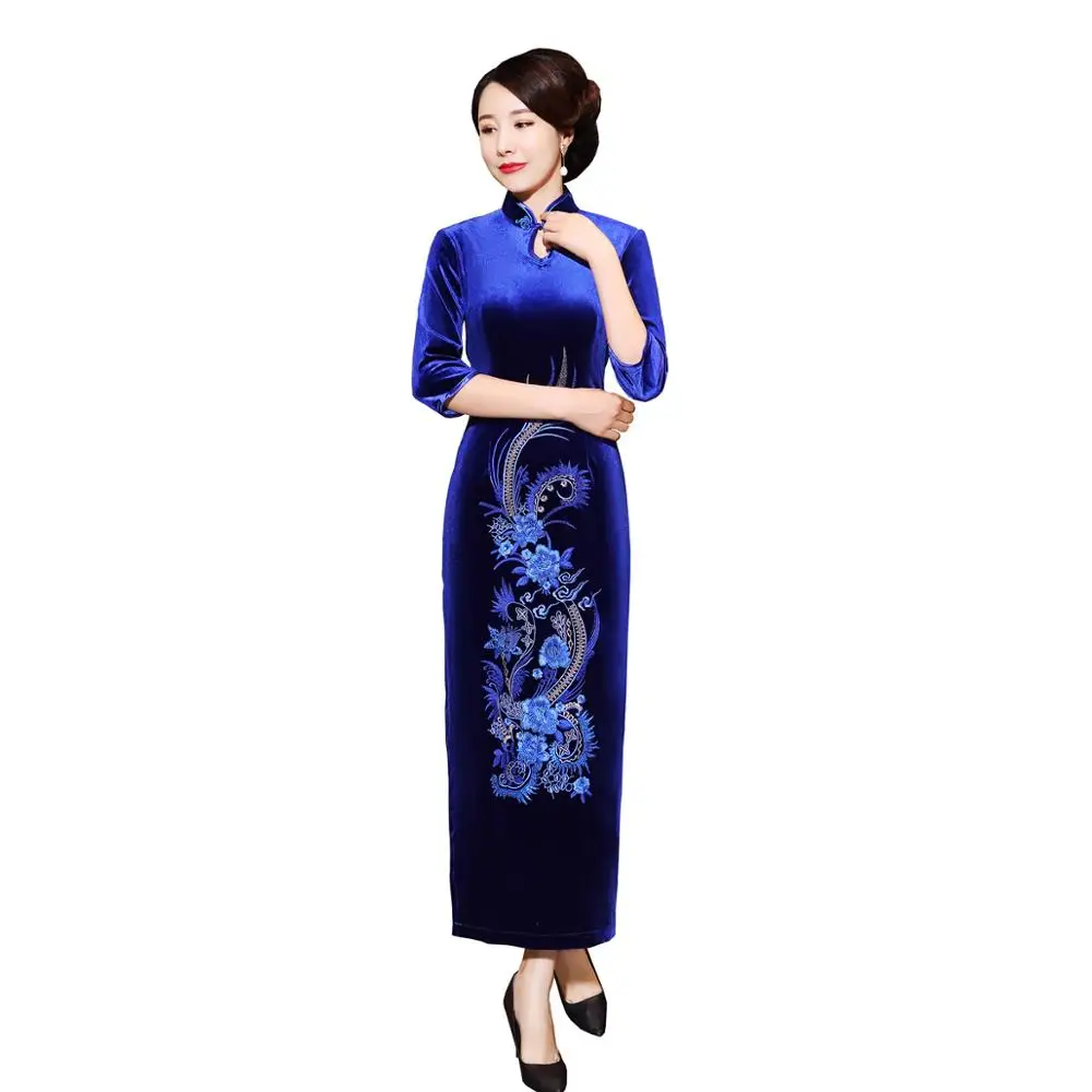 Шанхай история бархат Cheongsam китайское платье вышивка Qipao длинное - Цвет: T0061A