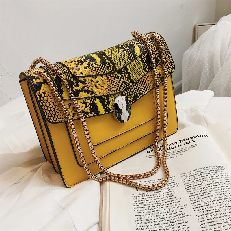 

Women Trendy Snake-Print Metal Chain Crossbody Shoulder Bags for Lady Snake-effect PU Leather Messenger Flap Bag FH243