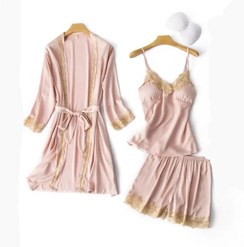 

Summer Pajamas Set Womens V-Neck Sleep Wear Pijama 3PC Home Nighties Sexy Bathrobe Long Sleeve Robe Gown Suit Pijama Sleepwear