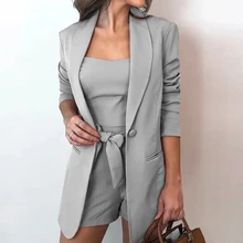 2021NEW 2021 Women Suit Set Three Pieces Autumn Fashion Office Ladies Long-sleeved Jacket Sling Top Female Shorts Suit