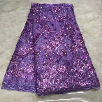 

Purple handmade French beaded lace 2019 3d flower sequined fabric luxury full pearl royal bride lace fabric 5yards YYZ89032