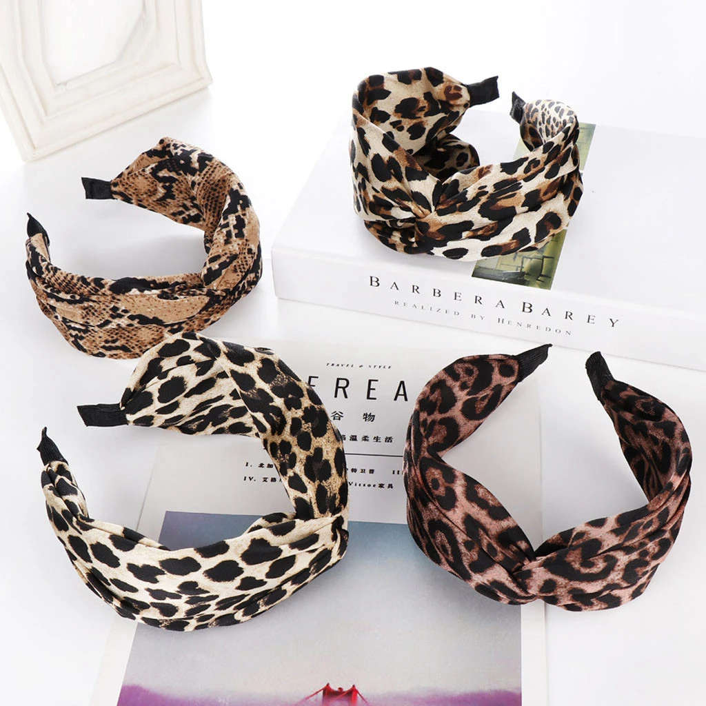 Tiara de cabelo estampada de leopardo feminina, bandana turbante, nó
