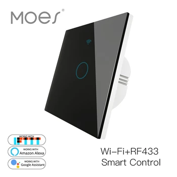 

WiFi Smart Glass Panel Switch Tuya App Remote Control Work With Alexa Echo Google Home RF433 EU Type Touch Black 1Gang