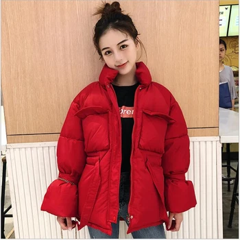 

Short coat female loose drawstring waist winter jacket women cotton stand collar trumpet sleeve bread coat female parka R299