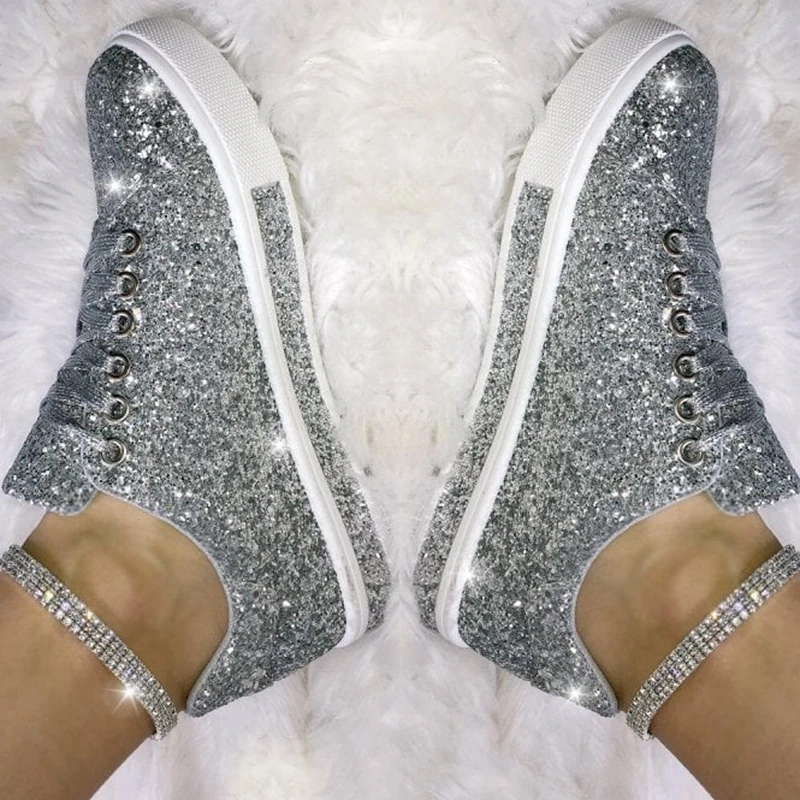 

Women Vulcanize Shoes Sneakers Bling Shoes Girl Flat Glitter Sneakers Casual Female Breathable Lace Up Outdoor Sport Shoes 2020