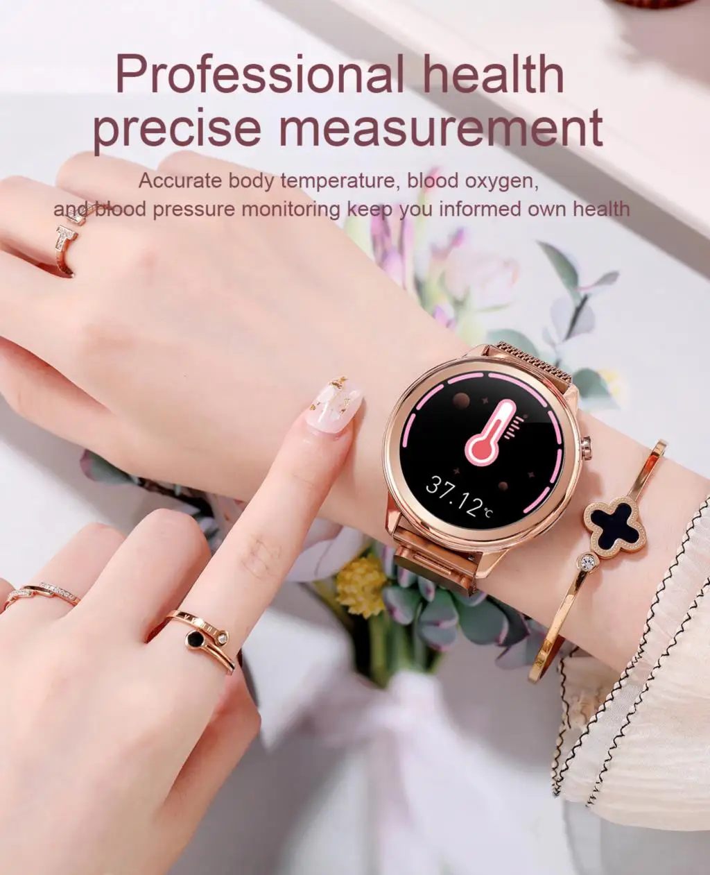 Female health (physiological cycle), Blood pressure monitori,Respiratory rate,Dynamic UI, Body temperature monitoring Smartwatch