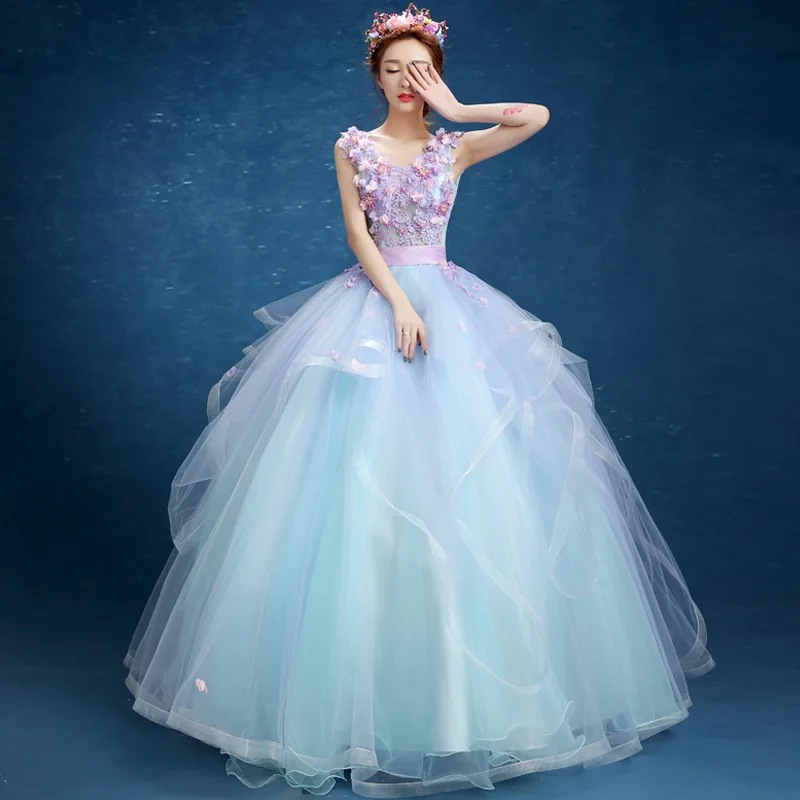 Бальное платье светло голубое с цветочным принтом платья для Quinceanera милое 16 15