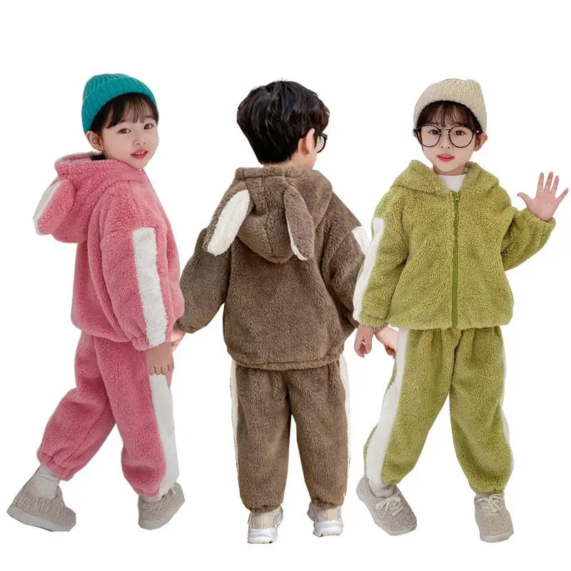 

Baby Set Clothes Premium Rabbit Ear Hooded Fur Sweater Suit Children's Clothing Unisex Thicken Double-Sided Plus Velvet Homewear