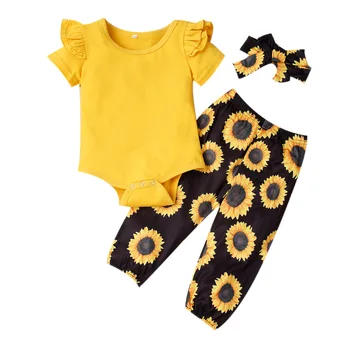

3 Piece Baby Girl’s Clothes Cute Flying Sleeve Jumpsuit Summer Fashion Sunflower Long Pants with Headscarf