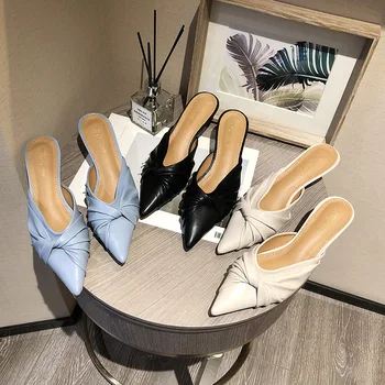 

Female Shoes Pointed Toe Med Slippers Casual Thin Heels Slides Lady 2020 Luxury Cover Girl PU Rome Elegant Fabric Rubber Basic