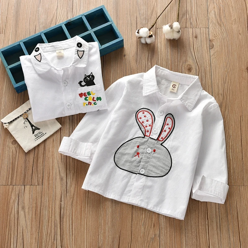 Рубашка новая детская одежда с длинными рукавами весенне-осенняя белая рубашка с рисунком кота повседневная детская рубашка с кроликом
