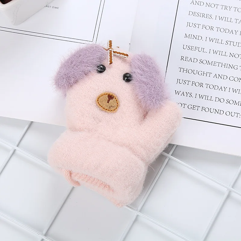 light pink Вязаные шерстяные перчатки для мальчиков и девочек от 0 до 3 лет, двухслойные бархатные утепленные милые детские перчатки для щенков - Цвет: light pink