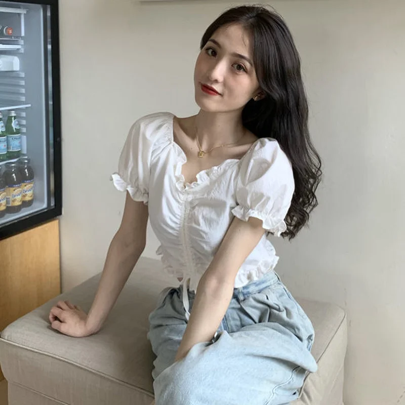 Blouses Women Crop Top Shirring V-Neck Trendy Design New Slim