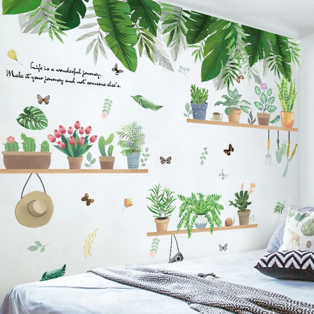 Autocollants muraux fleurs feuilles vertes, Stickers muraux amovibles, pour  salon, chambre à coucher, décor de fond de canapé TV - AliExpress