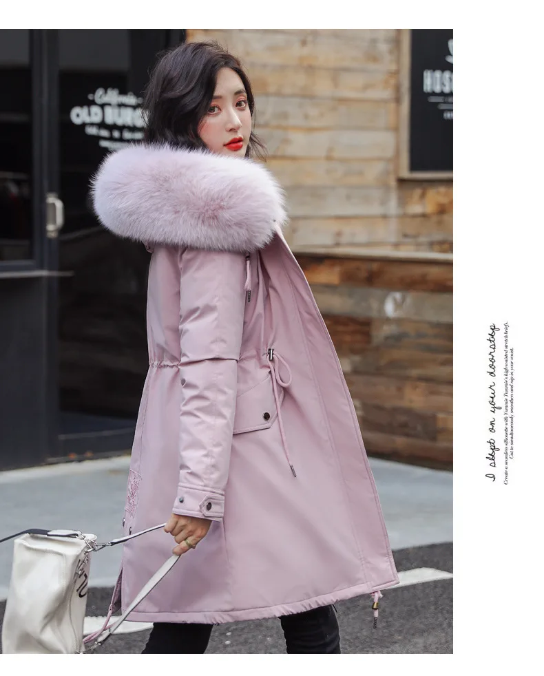 Зимнее пальто для женщин, новинка, большой меховой воротник, средней длины, хлопковые пальто, теплый пуховик, casaco feminino invierno parka, JF075
