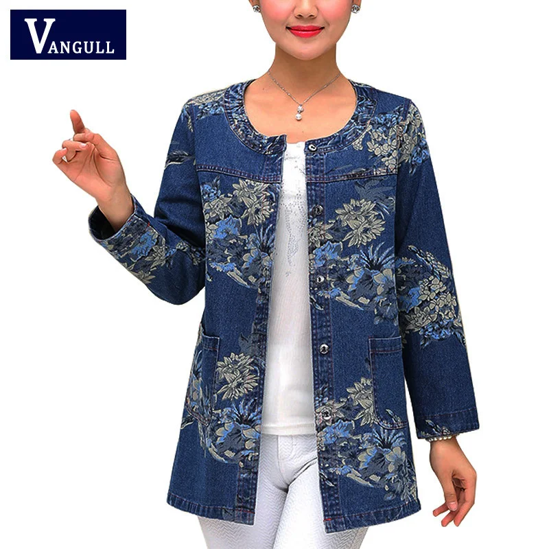 Women Denim Jackets New Style Cotton Tops Ladies Print Single Breasted Casual O-Neck Loose Jean Coats Large Size Outerwear