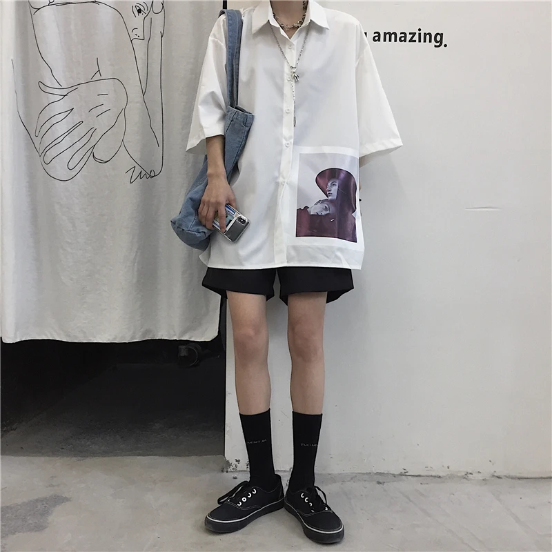 Harajuku уличная Корейская женская Свободная блузка с коротким рукавом и