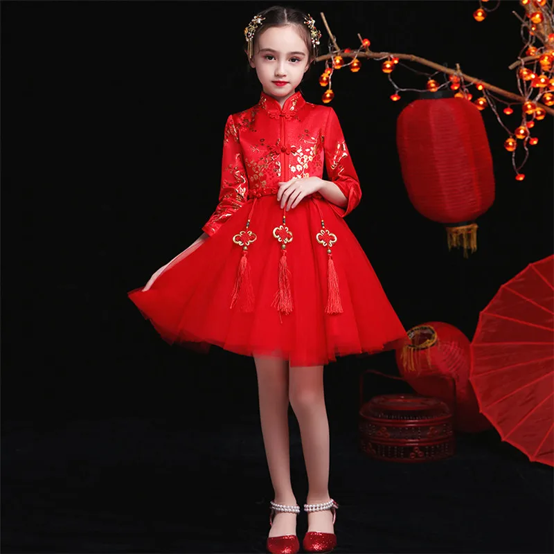 short dress style 2 Новинка года; сезон осень-зима; короткое платье Ципао в китайском стиле на год и праздники для маленьких детей; элегантное рождественское платье для малышей - Цвет: short dress style 2