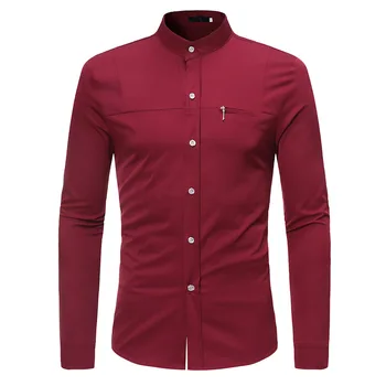 

Fashion Mens Stand Collar Business Shirts Men Casual Solid Color Zippered Decorative Long Sleeve Shirts for Spring Summer S-XL