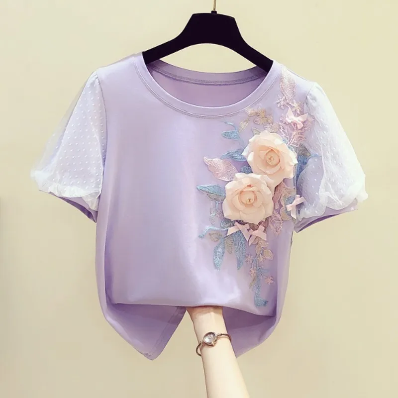 

Hand Studded Three-Dimensional Embroidery Flowers Mesh Puffed Sleeves Round Neck T-shirt Female 2020 Summer T Shirt Lady Tee Top