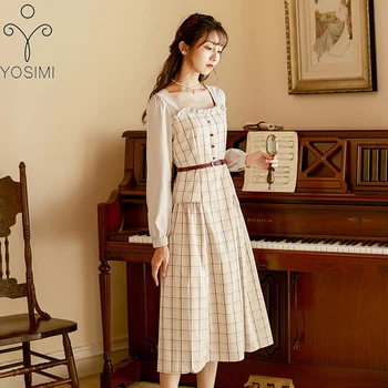 

YOSIMI Plaid Long Dress Women Vintage Fit and Flare Mid-Calf Beige Dress Elegant Spring Vestidos De Fiesta Long Sleeve Dresses