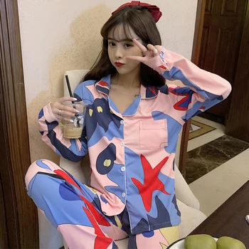 

Women Silk Pajama Satin ladies Pajamas Sets Long Sleeves Turn-down Collar Pocket Decor with Button Top+Pants Women Silk Pajamas