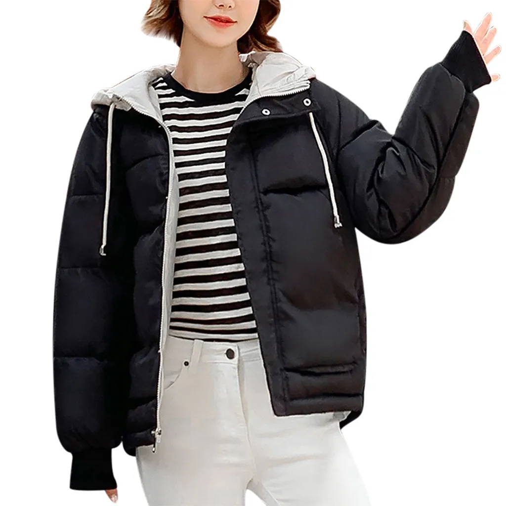 Womail/ г. Осенне-зимние куртки и пальто с хлопковой подкладкой, теплые пуховики на утином пуху женские тонкие пальто с капюшоном и длинными рукавами, верхняя одежда - Цвет: BK