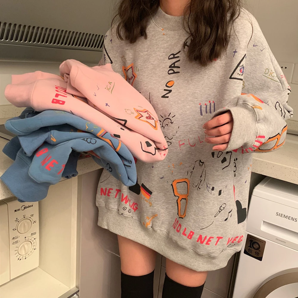 

2020 Harajuku Hip Hop Sweatshirt For Women Printing Crew Neck Loose Hoodie Autumn Long Sleeve Oversized Pullover Female Tops