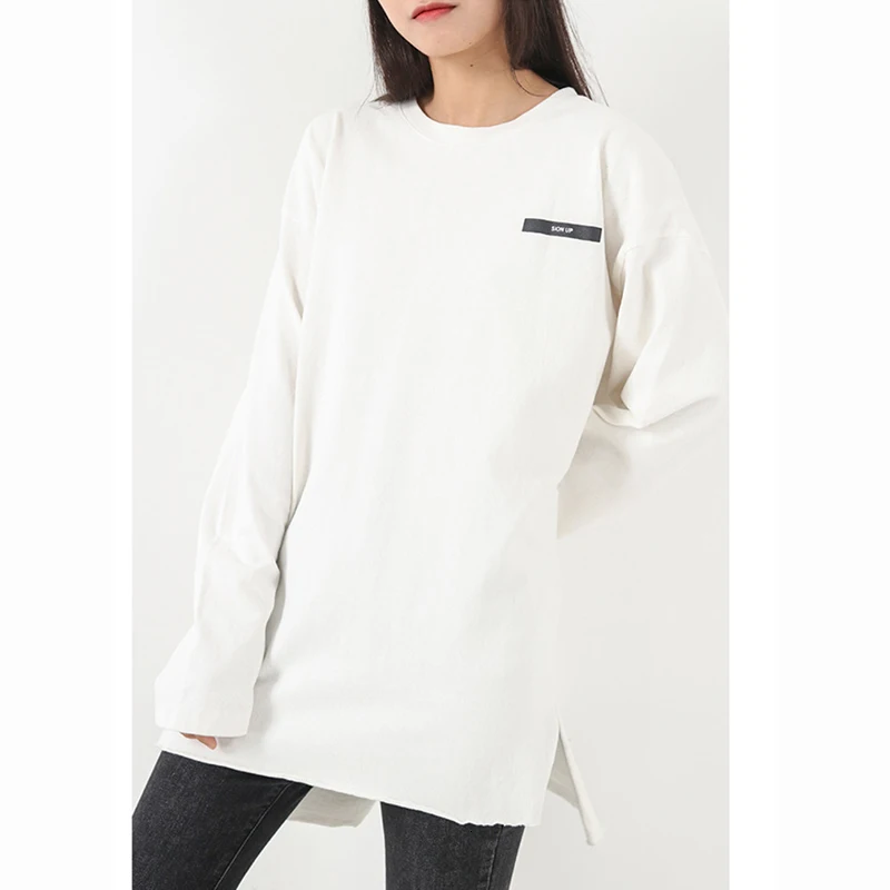 [DEAT] Women Side Spliced Back Print Loose Fit T-shirt New Round Neck Long Sleeve Fashion Tide Spring Autumn 19L-a46
