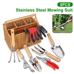 8 pçs conjunto de ferramentas de jardim de aço inoxidável pesados ferramentas de jardinagem com cesta ergonômico lidar com madeira presentes para homens