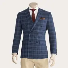 custom closure collar double breasted blue plaid men business jacket