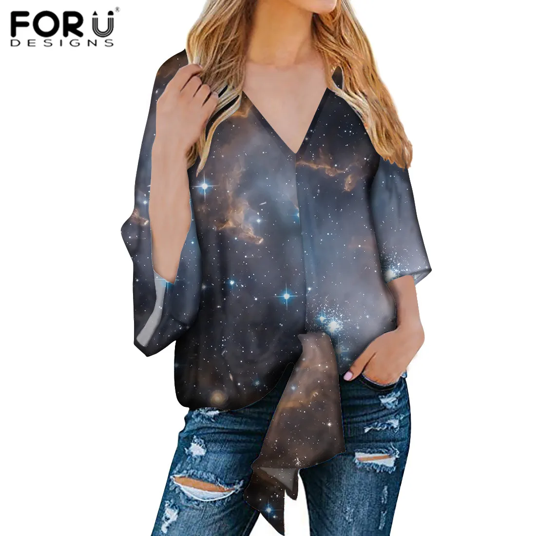 FORUDEGINS Galaxy космический Принт женская блузка рубашка Femme Летняя мода распродажа одежда три четверти рукава camisa feminina
