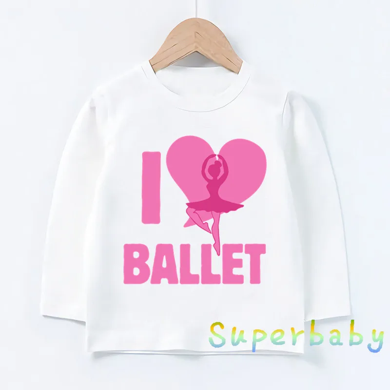 Детская футболка с принтом «I Love Ballet dancing Girl» Забавные топы с рисунками для маленьких девочек, Детская футболка с длинными рукавами LKP5191