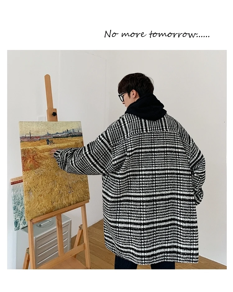 Зимнее новое шерстяное пальто Мужская модная Повседневная Ретро шерстяная куртка Мужская Уличная свободная клетчатая куртка Мужское пальто M-XL