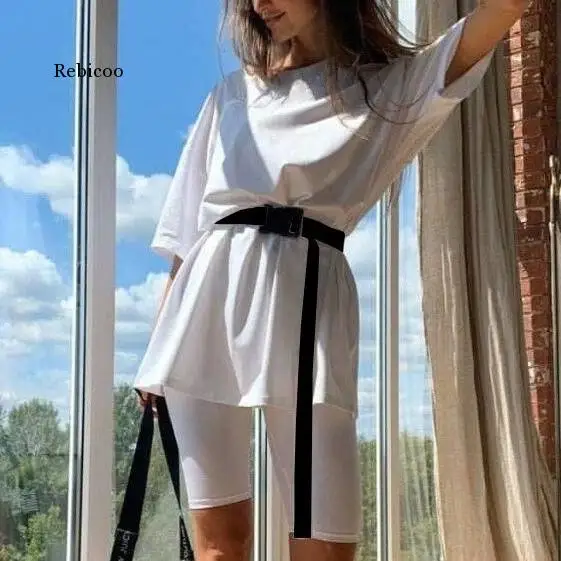 

Summer Casual Women o Neck Loose Short Sleeve Oversize Loose Sports Fashion Leisure Sets Including Belt