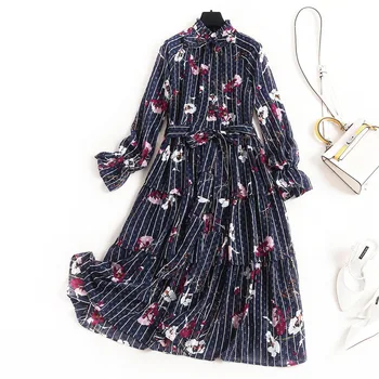 

Print Bow Dress 2020 Spring Flare Sleeve Mid-Calf Vintage Women's Dress for Everyday Dress Long with Long Sleeve