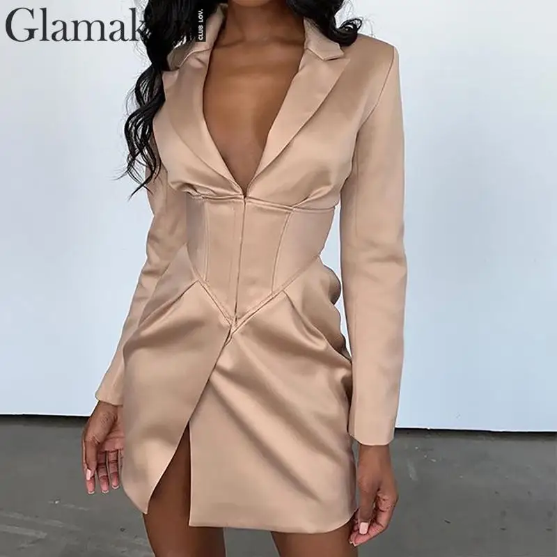 Glamaker, сексуальное облегающее платье-блейзер цвета хаки, женское осенне-зимнее модное платье, женская уличная одежда, вечерние Клубные блейзеры
