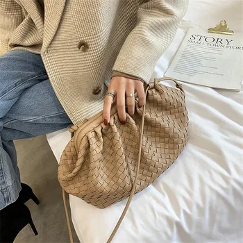 

TOYOOSKY New woven large ruched cloud bag leather pleated shoulder slung dumplings bag clutch bag handbags street shopping bag