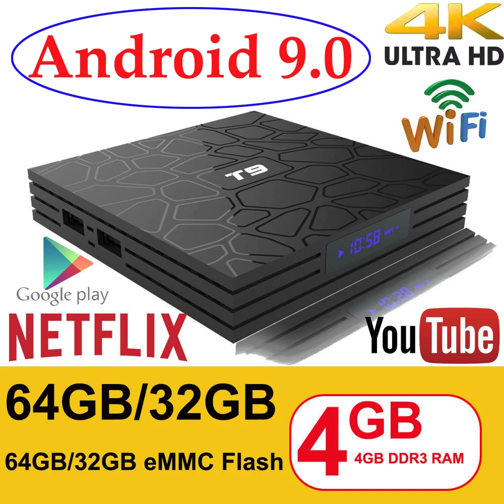  Android 9.0 TV BOX T9 Smart TV BOX 4K Set Top Box Quad Core 4GB RAM 32G 64GB ROM H.265 USB 3.0 Goog - 32948914306