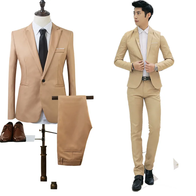 Men 'S Fashion Wedding Suits Prom Piece Groom Tuxedos Groomsmen Suit 2 Wholesale Supply Suit Set Men's Leisure - Цвет: Хаки