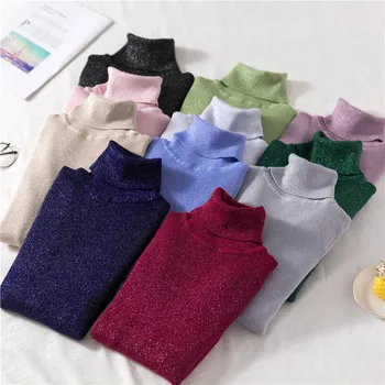

Vintage Thin Slim Autumn Winter Knit Turtleneck Pullover Sweater Bright silk Casual Top Women Soft Jumper Long Sleeve Sweaters