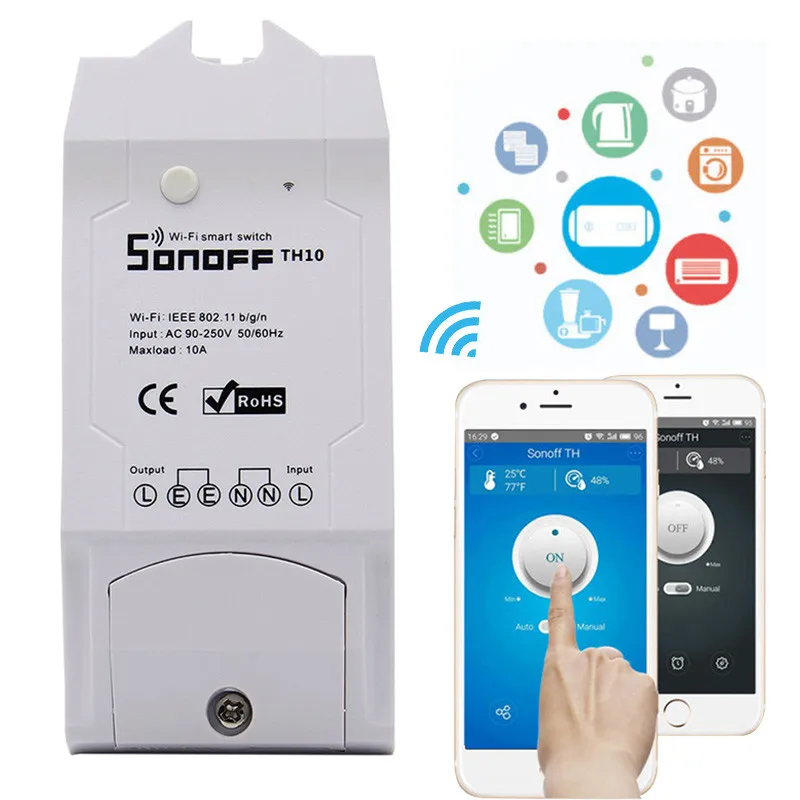 Интеллектуальный выключатель света Sonoff WiFi умный переключатель Sonoff TH16 TH10 умный дом 10A/16A Температура контроля влажности дистанционного Управление; «сделай сам» - Color: Sonoff TH10