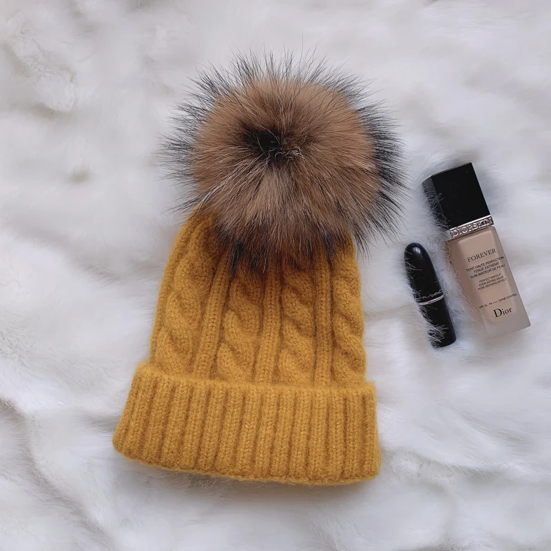 Вязаные шерстяные меховые зимние шапки с помпоном для женщин skullies beanies hat с помпоном femme bonnet Лыжная шапка - Цвет: Цвет: желтый