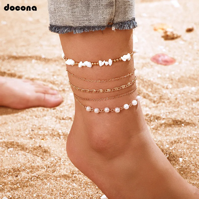 Docona Boho, золотой, белый камень, жемчуг, бисер, многослойный ножной браслет, набор для женщин, девушек, цепи, многослойные ножные браслеты, ювелирные изделия, Tobillera 8760