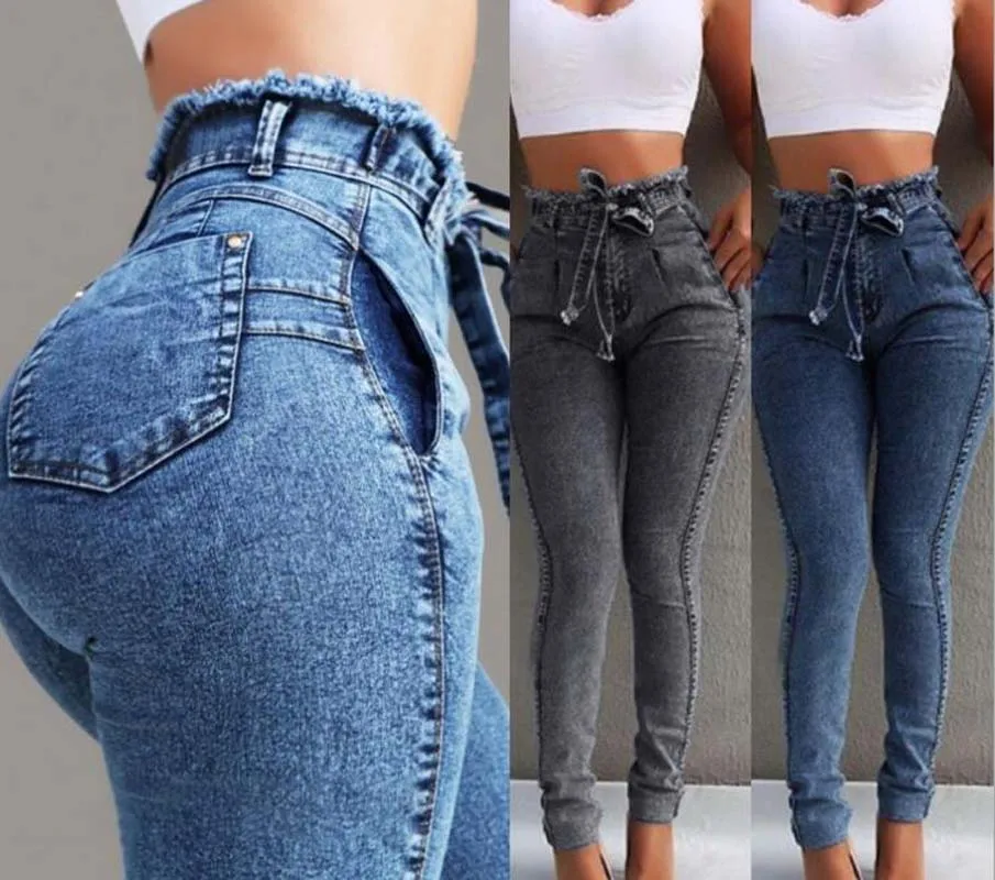 Hot Sale Women's Fashion Style Slim Pencil Denim Pants Female Stretch Skinny Sport Jeans Lace-up High Waisted Long Trousers bell bottom jeans