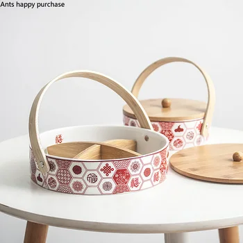 

Fruit Platter Living Room Home Ceramics Round Storage Basket with Handle with Cover Chinese Frame Candy Dried Fruit Snack Plate